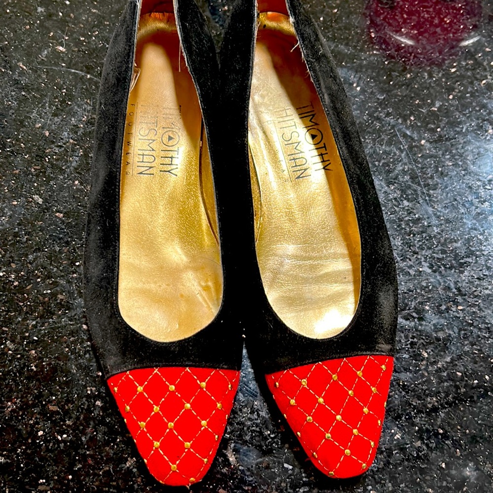 Black suede with spectator style, red suede toes and heels in flats size 7n
